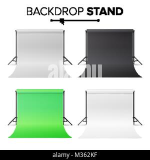 Photo Studio Hromakey Set Vector. Modern Photo Studio. Black, White, Green Backdrop Stand Tripods. Realistic 3D Template Mock Up. Isolated Stock Vector