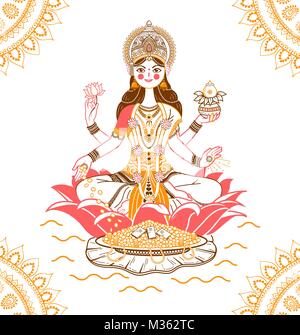 Beautiful Illustration,Poster Or Banner With Goddess Maa Laxmi Of Indian Dhanteras Festival Background. Stock Vector