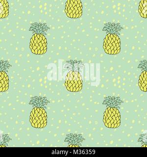 Pineapples seamless pattern. Tropic green and yellow sketch. Vector illustration. Stock Vector