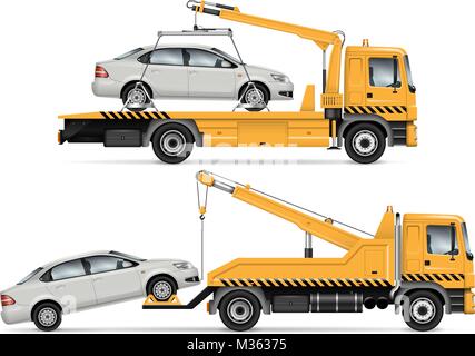 Tow truck vector mock-up. Isolated template of breakdown lorry. Vehicle branding mockup. Truck towing the car, side view. Stock Vector