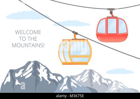 Funicular railway . Ski cable car . Vector mountain illustration . Stock Vector
