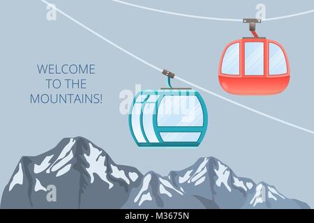 Funicular railway . Ski cable car . Vector mountain illustration Stock Vector