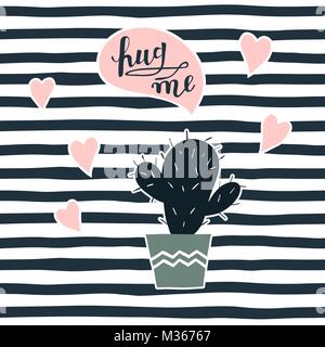 Cactus with the inscription  hug me and hearts on a striped back Stock Vector
