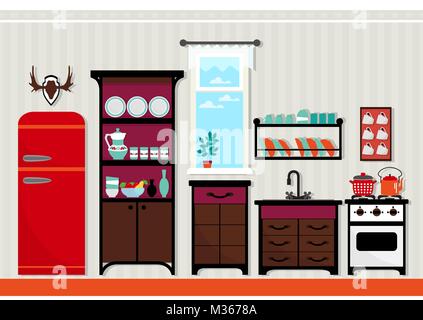 Flat design kitchen interior . Vector . Stock Vector