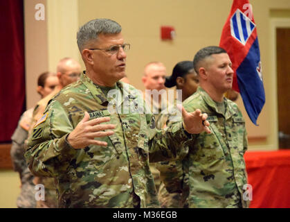 FORT STEWART, Ga. August 20, 2016 – Major General James Rainey, commander of the 3rd Infantry Division delivers remarks following the activation of the 3rd Infantry Division Main Command Post Operational Detachment at Fort Stewart.  Georgia Army National Guard photo by Capt. William Carraway / released 3rd ID Commander by Georgia National Guard Stock Photo