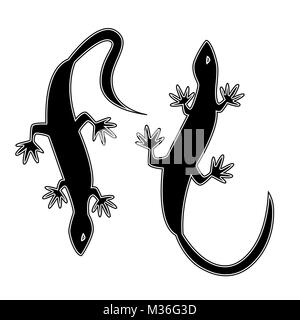 Two silhouettes in the form of lizards. Monochrome vector illustration. Tattoo. Stock Vector