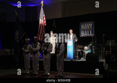 161014-N-HW977-334 RIVERSIDE, Calif. (Oct. 14, 2016) U.S. Naval Sea Cadets Paul Revere Division Color Guard presents colors as Troy Clarke, Naval Surface Warfare Center (NSWC), Corona Division public affairs officer, sings 'The Star-Spangled Banner' during the second annual Inland Empire Navy Birthday Ball. The sold-out event, commemorating the Navy's 241st birthday, included dinner, ceremonies, music, and dancing with all proceeds to benefit the Navy-Marine Corps Relief Society. (U.S. Navy photo by Greg Vojtko/Released) 161014-N-HW977-334 by NAVSEA Corona Stock Photo