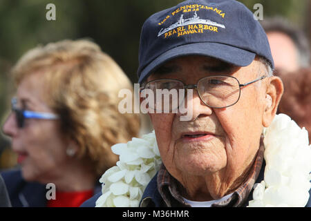 161207-N-HW977-055 NORCO, Calif. (Dec. 7, 2016) Pearl Harbor survivor Roger Marron watches during the 10th Annual Pearl Harbor Remembrance event at Naval Weapons Station Seal Beach (NWSSB) Detachment Norco. Held near the historic Lake Norconian Conference Center, the event marks the 75th anniversary of the Japanese attack on Pearl Harbor and 75 years of Navy presence in Riverside County, first as a naval hospital serving the wounded from Pearl Harbor, and currently as the Navy's independent assessment agent, Naval Surface Warfare Center (NSWC), Corona Division. (U.S. Navy photo by Greg Vojtko/ Stock Photo