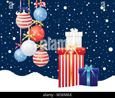 an illustration of of an american christmas greeting card with decorations and wrapped gifts in the colors red white and blue on a snowy background Stock Vector