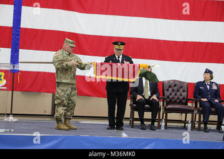 Maj. Gen. Frank Vavala and Command Sgt. Maj. Don Catalon 'case the colors,' signifying the changing of the guard for the Delaware National Guard on Sunday, February 12, 2017. (U.S. Army National Guard photo by 2nd Lt. Wendy Callaway) 170212-Z-ZB970-023 by Delaware National Guard Stock Photo
