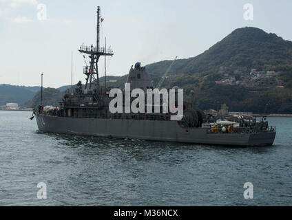 SASEBO, Japan (Mar. 17, 2017) Avenger-class mine countermeasures ship USS Chief (MCM 14) departs Commander, U.S. Fleet Activities Sasebo Mar. 17, 2017. Avenger-class ships are designed as mine sweepers/hunter-killers capable of finding, classifying and destroying moored and bottom mines.(U.S. Navy photo by Mineman 3rd Class Zachary Horvath/Released) Forward-Deployed Minesweeper Gets Underway for 7th Fleet Patrol by #PACOM Stock Photo