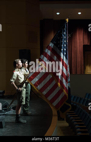 CLEVELAND (April 20, 2017) Members of the northeast Ohio division of Boy Scouts present the colors before a performance by the Sea Chanters chorus at St. Ignatius High School. The Sea Chanters are on a 21-day tour of the midwestern United States connecting communities across the United States to their Navy. (U.S. Navy photo by Musician 1st Class Sarah Blecker/Released) Cleveland2 by United States Navy Band Stock Photo