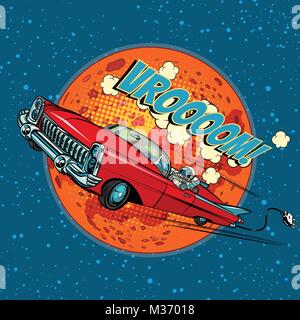 Astronaut in electric car over Mars. Pop art retro vector illustration comic cartoon hand drawn vector Stock Vector
