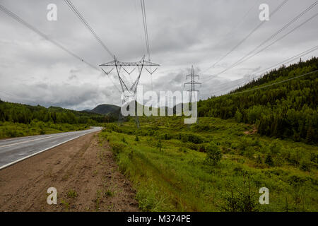 Electricity Pylons from Manic 3 on Route 389, Quebec, Canada Stock Photo
