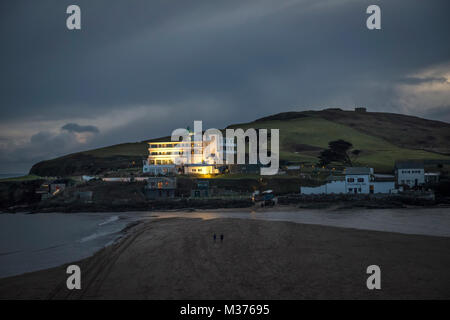 The illuminated Burgh Island Hotel near Bigbury-on-Sea, Devon, UK Stock Photo