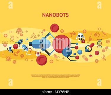 Digital smart medical nano robots concept objects color simple flat icon set collection, isolated healthcare, dna pills and implants infographics Stock Vector