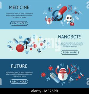 Digital smart medical nano robots concept objects color simple flat icon set collection, isolated healthcare, dna pills and implants infographics Stock Vector