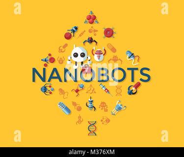 Digital smart medical nano robots concept objects color simple flat icon set collection, isolated healthcare, dna pills and implants infographics Stock Vector