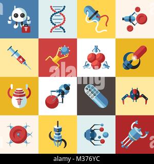Digital smart medical nano robots concept objects color simple flat icon set collection, isolated healthcare, dna pills and implants Stock Vector