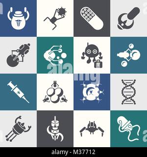 Digital smart medical nano robots concept objects color simple flat icon set collection, isolated healthcare, dna pills and implants Stock Vector
