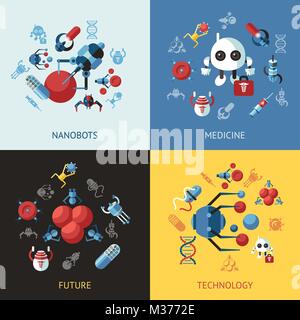 Digital smart medical nano robots concept objects color simple flat icon set collection, isolated healthcare, dna pills and implants infographics Stock Vector