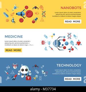 Digital smart medical nano robots concept objects color simple flat icon set collection, isolated healthcare, dna pills and implants infographics Stock Vector
