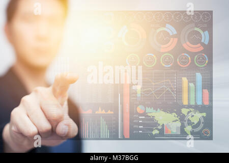 Business man touching digital data info cyberspace and future technology concept Stock Photo
