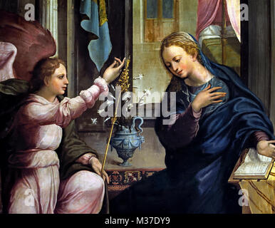 The Annunciation 1550-1560 Portuguese - Workshop 16th-century Portugal,Annunciation, blessed, Virgin Mary, the announcement by the ,angel Gabriel, Mary that she would conceive, bear a son through a, virgin birth, become the, mother of Jesus Christ, Christian Messiah and Son of God, Incarnation, Stock Photo