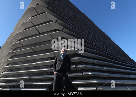 Japanese architect Kengo Kuma as he views the finished exterior of the new eighty million pound V&A Dundee museum for the first time. The designer met workers as the focus moves to the interior of the V&A, fitting out gallery spaces, a cafe and a restaurant ahead of its opening in September.