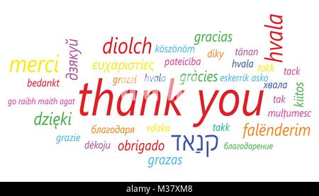 Colorful thank you in many languages vector icon. Global thank you text flat vector illustration. Business concept pictogram on white background. Stock Vector