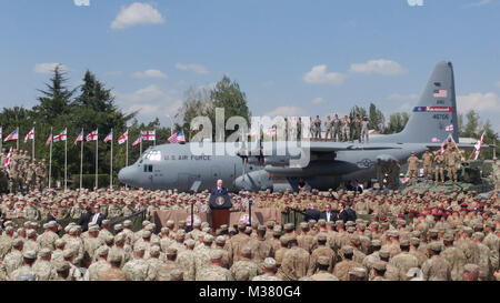 Vice President Mike Pence speaks to participants of exercise Noble Partner at the Tbilisi International Airport, Tbilisi, Georgia, Aug. 1, 2017. The purpose of Noble Partner 2017 is to support Georgia as it conducts home station training of one of its NATO Response Force light infantry companies with six participating nations. The 165th Airlift Wing and units of the Georgia National Guard are contributing as part of the State Partnership Program, under the Department of Defense security cooperation and global engagement programs. (U.S. Air National Guard photo by Tech. Sgt. Shaleata Christian) Stock Photo