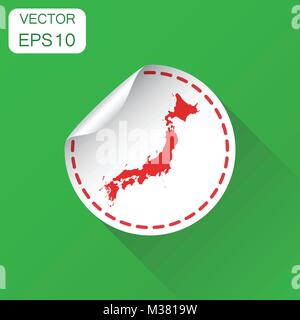 Japan sticker map icon. Business concept Japan label pictogram. Vector illustration on green background with long shadow. Stock Vector
