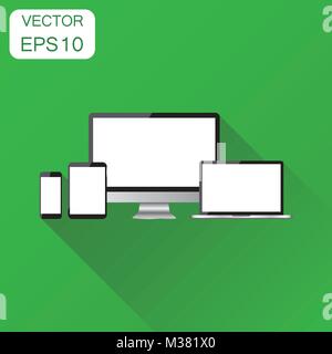 Realistic device icon. Business concept smartphone, tablet, laptop and desktop computer pictogram. Vector illustration on green background with long s Stock Vector