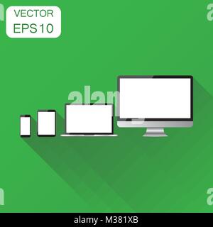 Realistic device icon. Business concept smartphone, tablet, laptop and desktop computer pictogram. Vector illustration on green background with long s Stock Vector