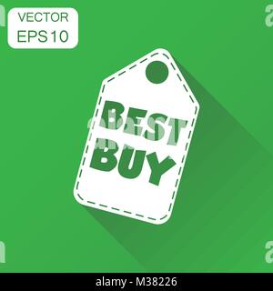 Best buy hang tag icon. Business concept best buy shopping pictogram. Vector illustration on green background with long shadow. Stock Vector