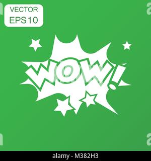 Wow comic sound effects icon. Business concept wow sound bubble speech pictogram. Vector illustration on green background with long shadow. Stock Vector