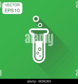 Chemical test tube icon. Business concept experiment flasks pictogram. Vector illustration on green background with long shadow. Stock Vector