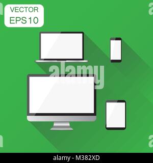 Realistic device icon. Business concept smartphone, tablet, laptop and desktop computer pictogram. Vector illustration on green background with long s Stock Vector