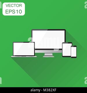 Realistic device icon. Business concept smartphone, tablet, laptop and desktop computer pictogram. Vector illustration on green background with long s Stock Vector
