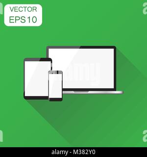 Realistic device icon. Business concept smartphone, tablet, laptop pictogram. Vector illustration on green background with long shadow. Stock Vector