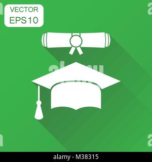 Graduation cap and diploma scroll icon. Business concept finish education pictogram. Vector illustration on green background with long shadow. Stock Vector