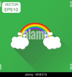 Color rainbow with clouds icon. Business concept rainbow pictogram. Vector illustration on green background with long shadow. Stock Vector