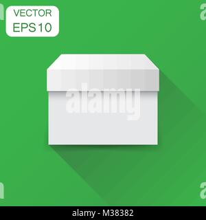 White cardboard package box. Business concept box pictogram. Vector illustration on green background with long shadow. Stock Vector
