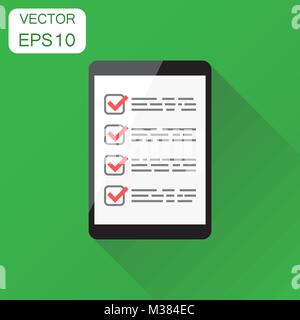 Businessman checklist with tablet icon. Business concept checklist, task list pictogram. Vector illustration on green background with long shadow. Stock Vector