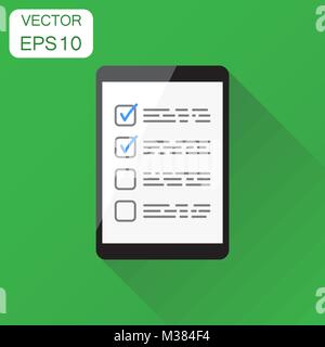 Businessman checklist with tablet icon. Business concept checklist, task list pictogram. Vector illustration on green background with long shadow. Stock Vector