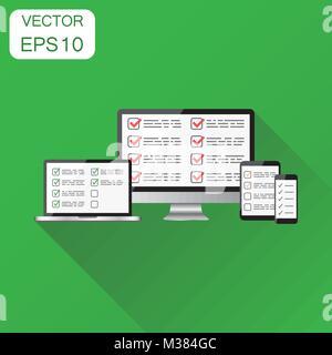 Online survey, checklist with computer icon. Business concept tablet, computer, mobile pictogram. Vector illustration on green background with long sh Stock Vector