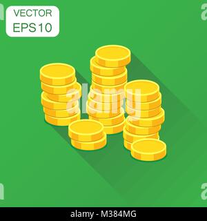 Coins money stack icon. Business concept coin pictogram. Vector illustration on green background with long shadow. Stock Vector