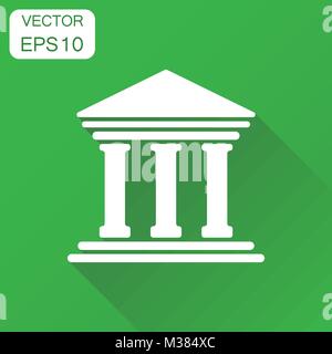 Bank building icon. Business concept bank pictogram. Vector illustration on green background with long shadow. Stock Vector