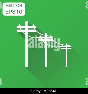 High voltage power lines icon. Business concept electric pole pictogram. Vector illustration on green background with long shadow. Stock Vector