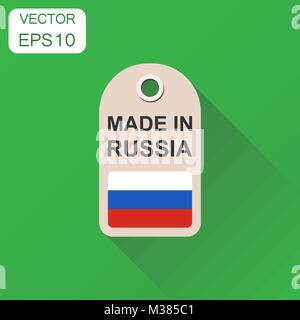 Hang tag made in Russia with flag icon. Business concept manufactured in Russia. Vector illustration on green background with long shadow. Stock Vector